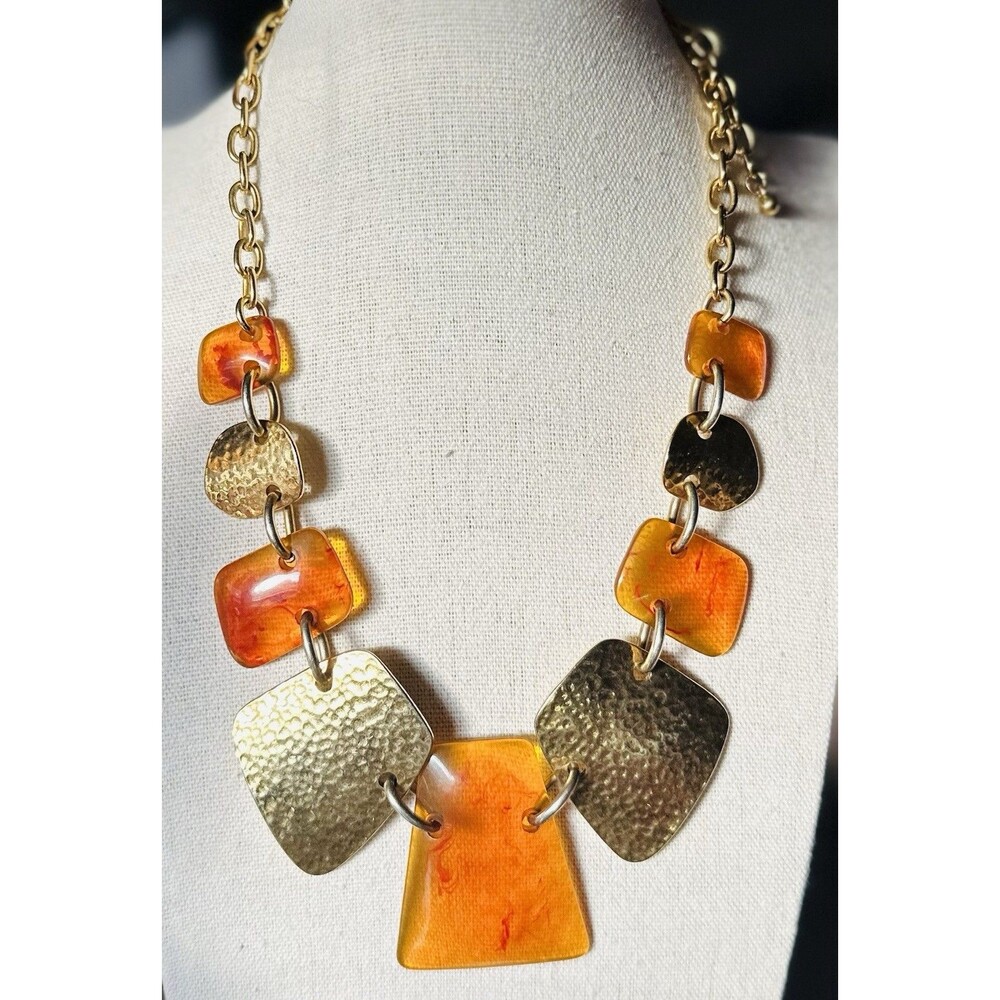 Joan Rivers Amber Lucite Hammered Gold Tone Geometric Statement Necklace